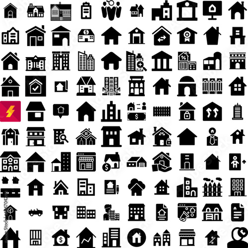 Collection Of 100 Estate Icons Set Isolated Solid Silhouette Icons Including House, Property, Home, Real, Business, Investment, Estate Infographic Elements Vector Illustration Logo