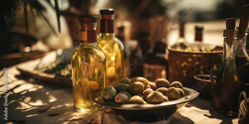 Tisch mit Oliven und Flaschen mit Olivenöl im Abendlicht, Generative AI photo