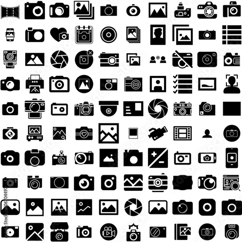 Collection Of 100 Photo Icons Set Isolated Solid Silhouette Icons Including Picture, Design, Photo, Retro, Paper, Frame, Blank Infographic Elements Vector Illustration Logo