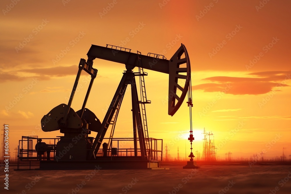 Crude Oil Pumpjack Silhouetted on Desert, Generative Ai.