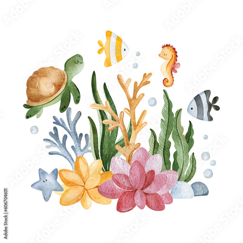 Watercolor composition with seaweeds,sea creatures,seashells and corals.Underwater collection.Perfect for baby shower,wedding,greeting cards,nursery,invitations,birthday,party,nursery,wall stickers