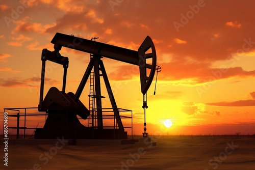 Crude Oil Pumpjack Silhouetted on Desert, Generative Ai.