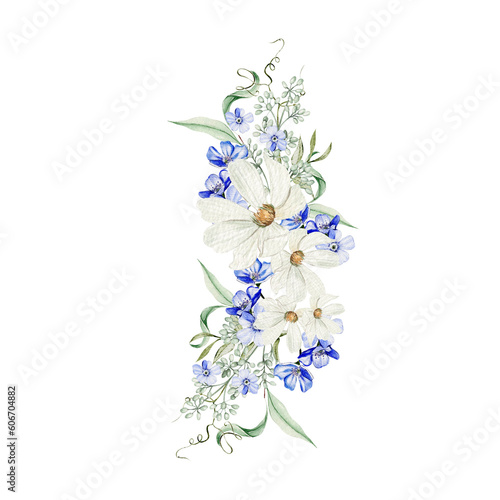 Fototapeta Naklejka Na Ścianę i Meble -  Watercolor bouquet with forget me not flowers and chamomile, green leaves.