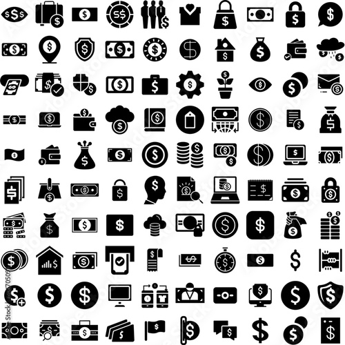 Collection Of 100 Dollar Icons Set Isolated Solid Silhouette Icons Including Currency, Banking, Business, Dollar, Bank, Money, Finance Infographic Elements Vector Illustration Logo