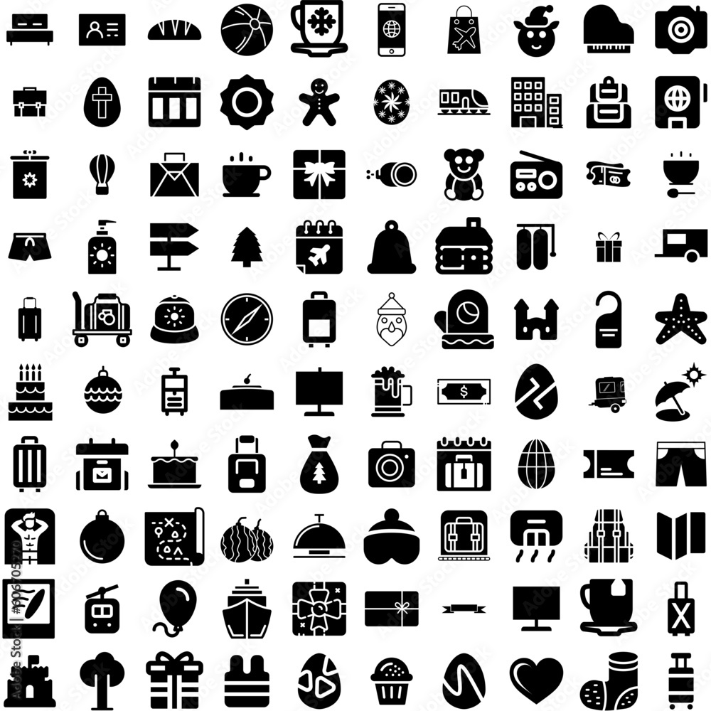 Collection Of 100 Holiday Icons Set Isolated Solid Silhouette Icons Including Decoration, Merry, Happy, Card, Holiday, Winter, Christmas Infographic Elements Vector Illustration Logo
