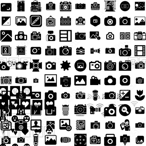 Collection Of 100 Photography Icons Set Isolated Solid Silhouette Icons Including Camera, Lens, Photographer, Equipment, Photo, Photography, Technology Infographic Elements Vector Illustration Logo