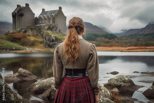 Scot woman skirt scottish castle. Generate Ai