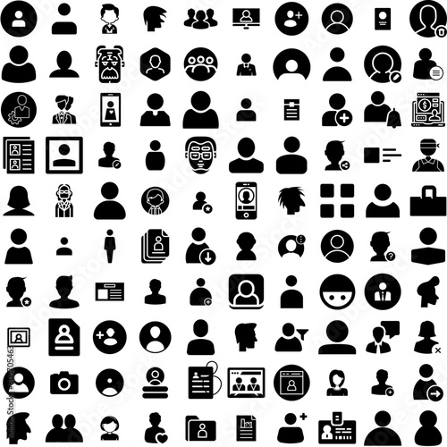 Collection Of 100 Profile Icons Set Isolated Solid Silhouette Icons Including Face, People, Vector, Social, Profile, Illustration, Business Infographic Elements Vector Illustration Logo
