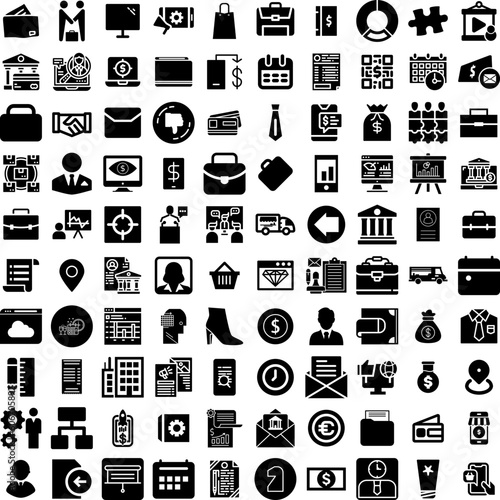 Collection Of 100 Business Icons Set Isolated Solid Silhouette Icons Including Business, Teamwork, Corporate, Office, Success, Communication, Technology Infographic Elements Vector Illustration Logo