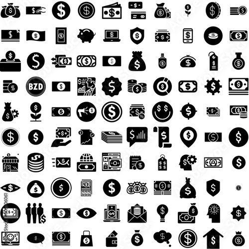 Collection Of 100 Dollar Icons Set Isolated Solid Silhouette Icons Including Bank, Money, Dollar, Finance, Business, Banking, Currency Infographic Elements Vector Illustration Logo