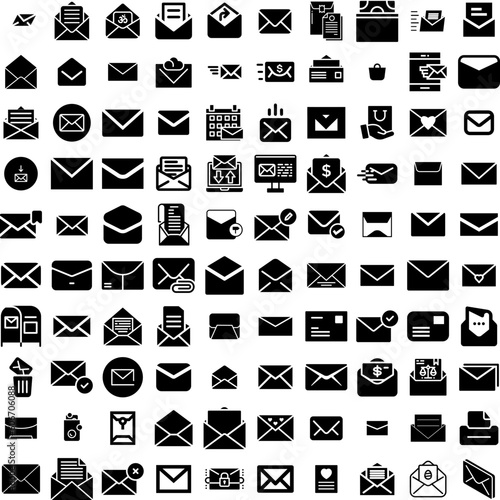 Collection Of 100 Envelope Icons Set Isolated Solid Silhouette Icons Including Envelope, Paper, Blank, Isolated, Letter, Vector, Message Infographic Elements Vector Illustration Logo