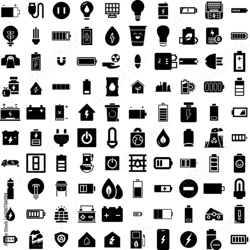 Collection Of 100 Energy Icons Set Isolated Solid Silhouette Icons Including Environment, Ecology, Power, Green, Electric, Energy, Electricity Infographic Elements Vector Illustration Logo