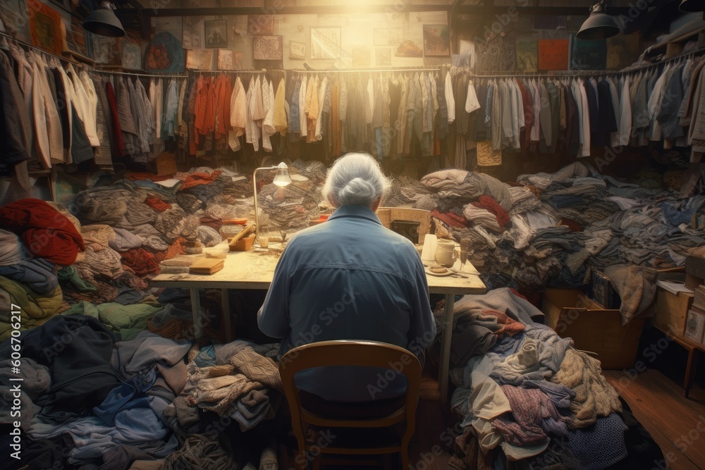 Seamstress old woman a lot of clothes. Generate Ai