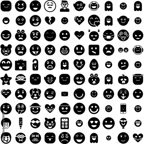 Collection Of 100 Smiley Icons Set Isolated Solid Silhouette Icons Including Vector, Smile, Happy, Smiley, Icon, Symbol, Face Infographic Elements Vector Illustration Logo