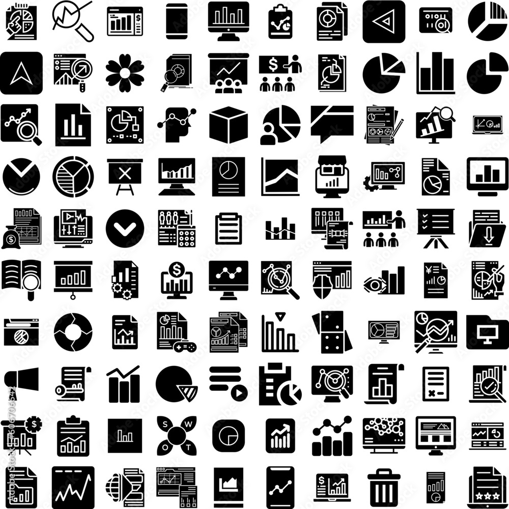 Collection Of 100 Analysis Icons Set Isolated Solid Silhouette Icons Including Graph, Data, Chart, Analysis, Finance, Business, Technology Infographic Elements Vector Illustration Logo