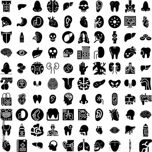 Collection Of 100 Anatomy Icons Set Isolated Solid Silhouette Icons Including Medical, Biology, Health, Anatomy, Human, Body, Illustration Infographic Elements Vector Illustration Logo