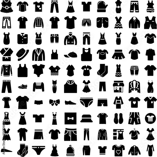 Collection Of 100 Apparel Icons Set Isolated Solid Silhouette Icons Including Store, Shirt, Shop, Clothes, Clothing, Apparel, Fashion Infographic Elements Vector Illustration Logo