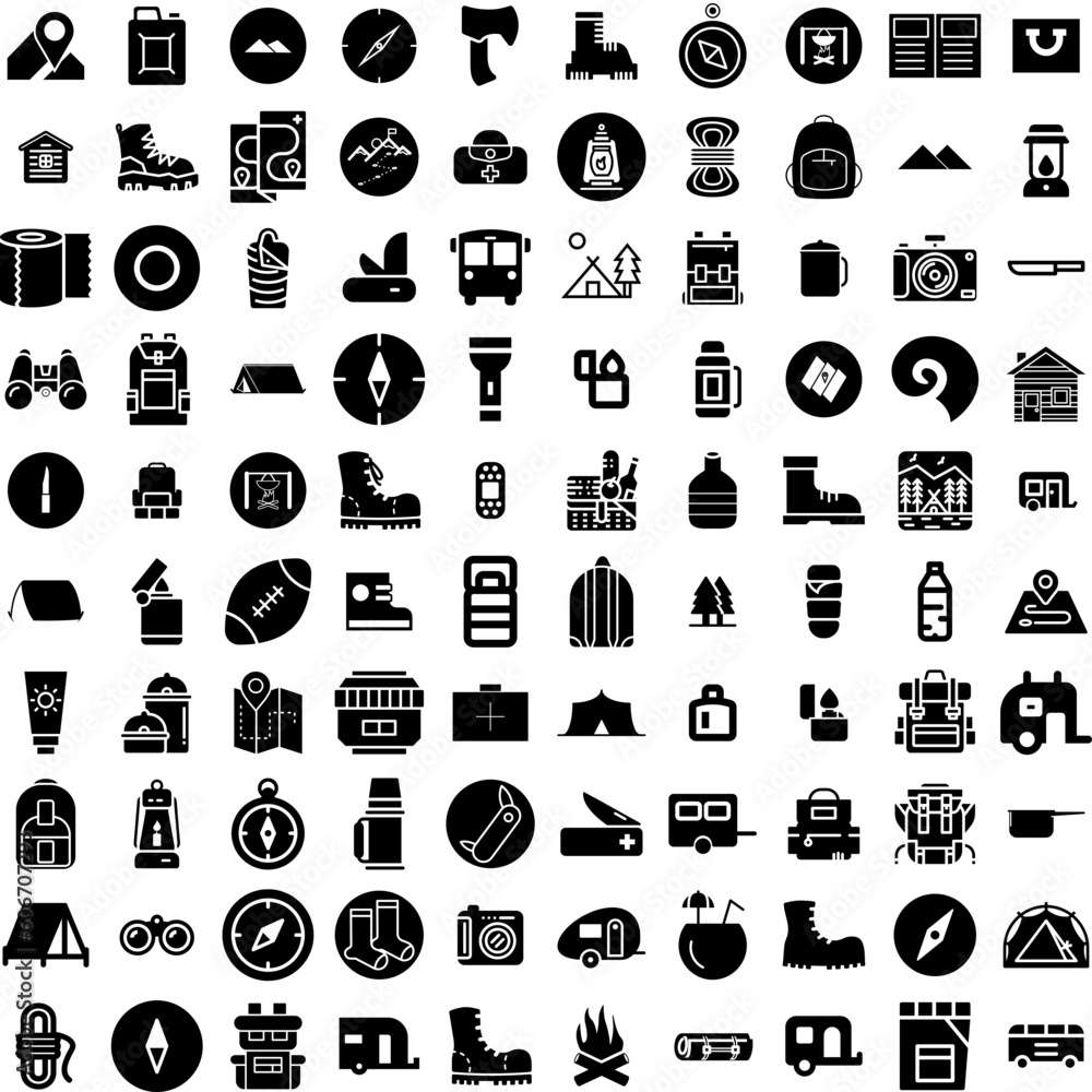Collection Of 100 Camping Icons Set Isolated Solid Silhouette Icons Including Forest, Camp, Summer, Outdoor, Travel, Tent, Nature Infographic Elements Vector Illustration Logo