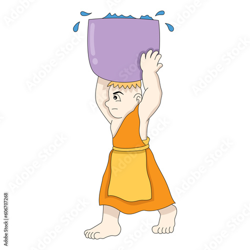 Shaolin monks are running while carrying water barrels