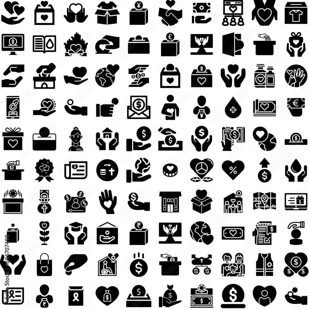 Collection Of 100 Charity Icons Set Isolated Solid Silhouette Icons Including Hand, Support, Help, Charity, People, Group, Social Infographic Elements Vector Illustration Logo