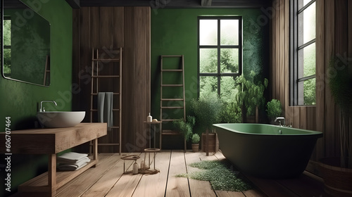 Wooden bathroom design. Decorated with green plants. AI generated © May Thawtar