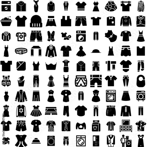 Collection Of 100 Clothes Icons Set Isolated Solid Silhouette Icons Including Fabric, Clothing, Background, Clothes, Cloth, Fashion, Style Infographic Elements Vector Illustration Logo