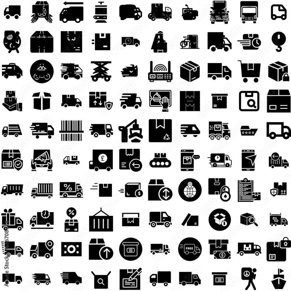 Collection Of 100 Delivery Icons Set Isolated Solid Silhouette Icons Including Shipping, Transport, Delivery, Order, Courier, Service, Fast Infographic Elements Vector Illustration Logo
