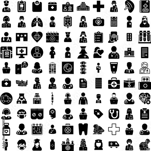 Collection Of 100 Doctor Icons Set Isolated Solid Silhouette Icons Including Doctor, Professional, Health, Hospital, Healthcare, Medical, Medicine Infographic Elements Vector Illustration Logo