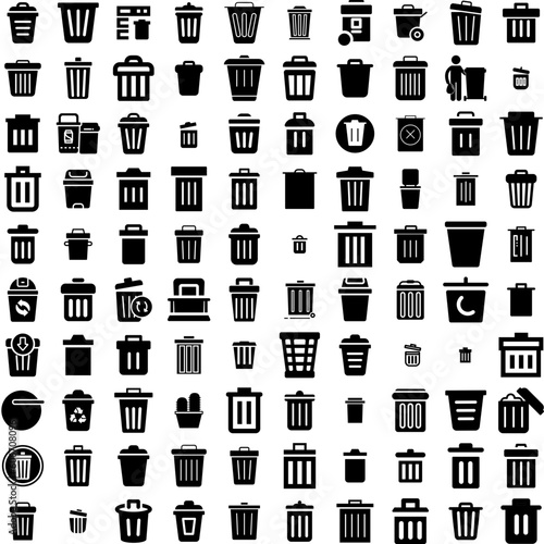 Collection Of 100 Dustbin Icons Set Isolated Solid Silhouette Icons Including Waste, Rubbish, Trash, Dustbin, Bin, Garbage, Can Infographic Elements Vector Illustration Logo