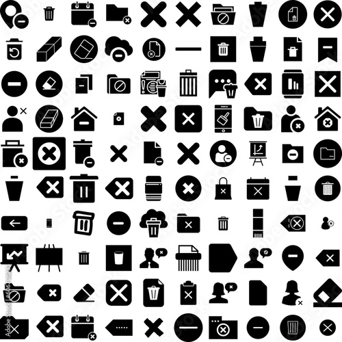 Collection Of 100 Erase Icons Set Isolated Solid Silhouette Icons Including Rubber, Delete, Erase, School, Office, Eraser, Isolated Infographic Elements Vector Illustration Logo