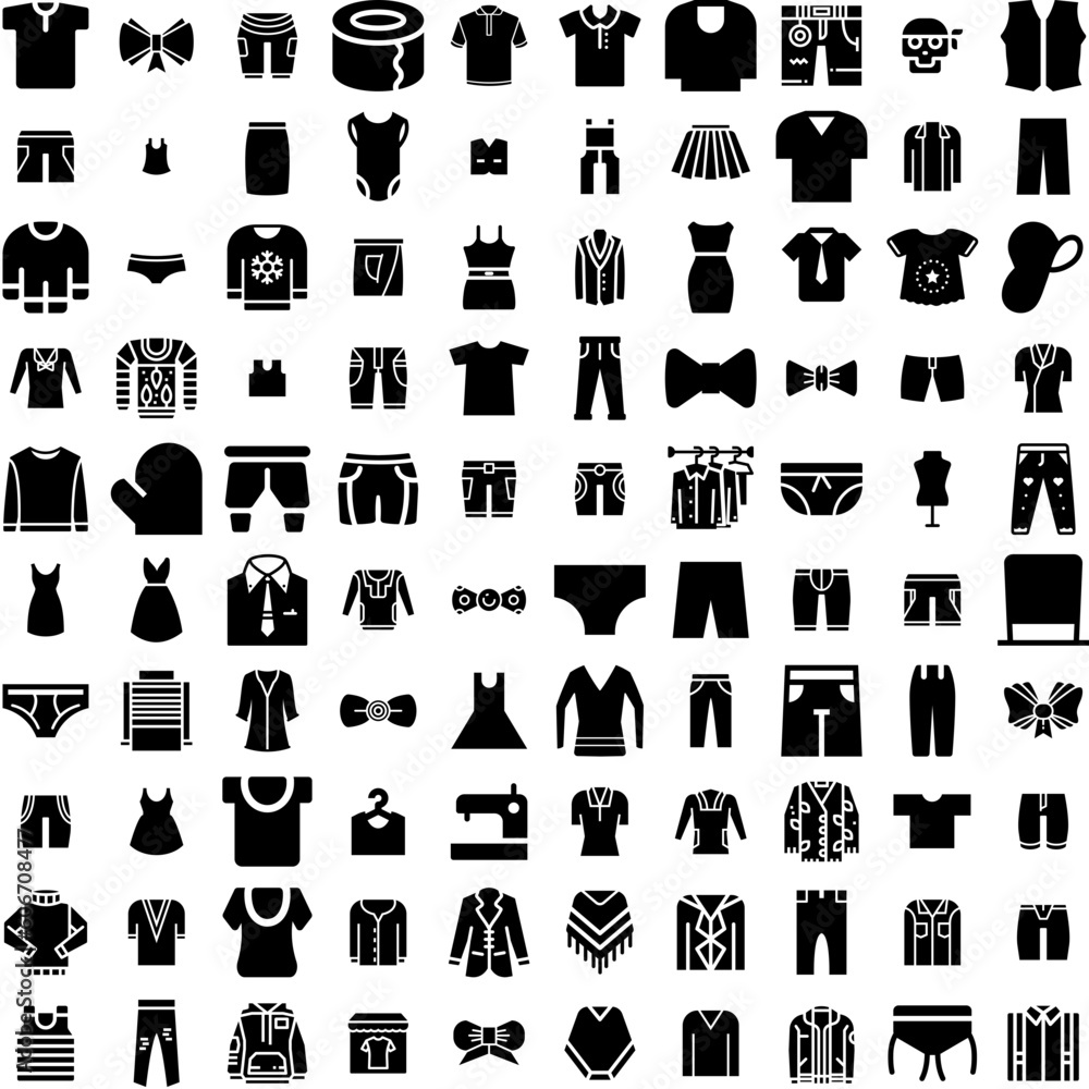 Collection Of 100 Garment Icons Set Isolated Solid Silhouette Icons Including Vector, Clothes, Garment, Clothing, Textile, Fashion, Fabric Infographic Elements Vector Illustration Logo
