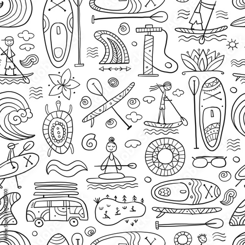 SUP boarding seamless pattern. Stand up paddling background for your design. People on paddle boards and equipment. Colouring page