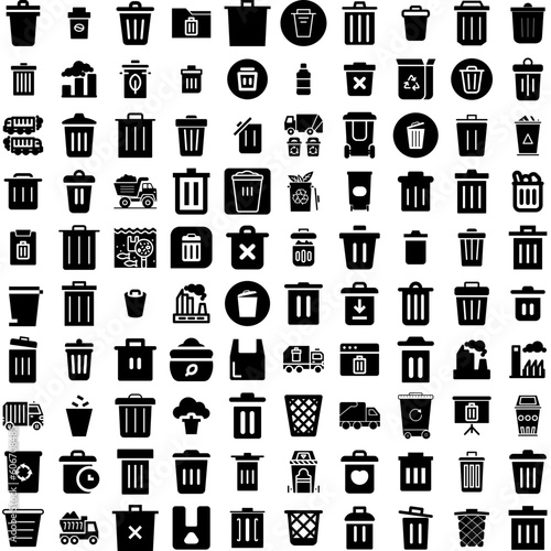Collection Of 100 Garbage Icons Set Isolated Solid Silhouette Icons Including Trash, Waste, Pollution, Ecology, Garbage, Plastic, Rubbish Infographic Elements Vector Illustration Logo