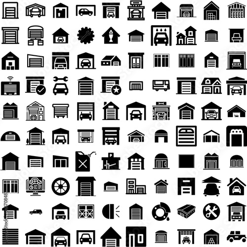 Collection Of 100 Garage Icons Set Isolated Solid Silhouette Icons Including Wall, Room, Floor, Interior, Home, Modern, Garage Infographic Elements Vector Illustration Logo