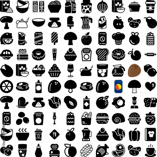 Collection Of 100 Gastronomy Icons Set Isolated Solid Silhouette Icons Including Chef, Gastronomy, Food, Kitchen, Cuisine, Restaurant, Gourmet Infographic Elements Vector Illustration Logo