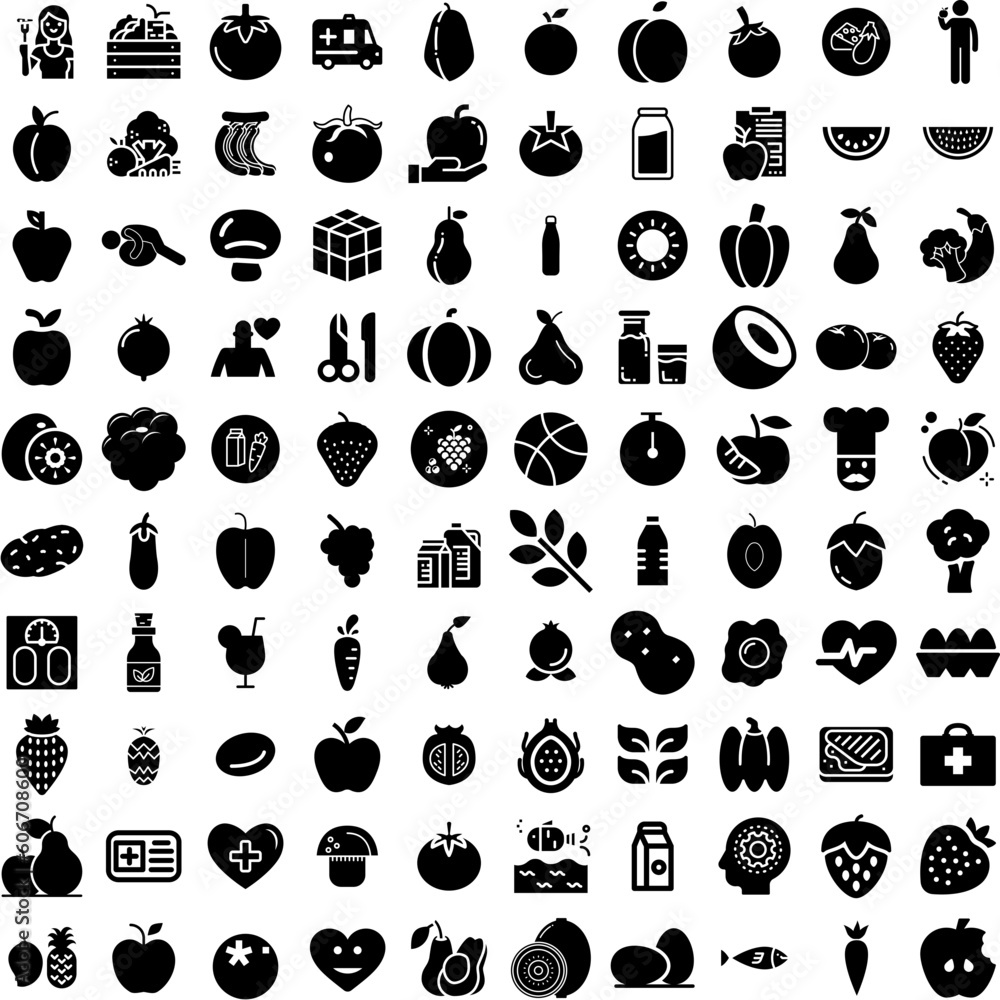 Collection Of 100 Healthy Icons Set Isolated Solid Silhouette Icons Including Healthy, Lifestyle, Organic, Diet, Food, Fresh, Vegetable Infographic Elements Vector Illustration Logo