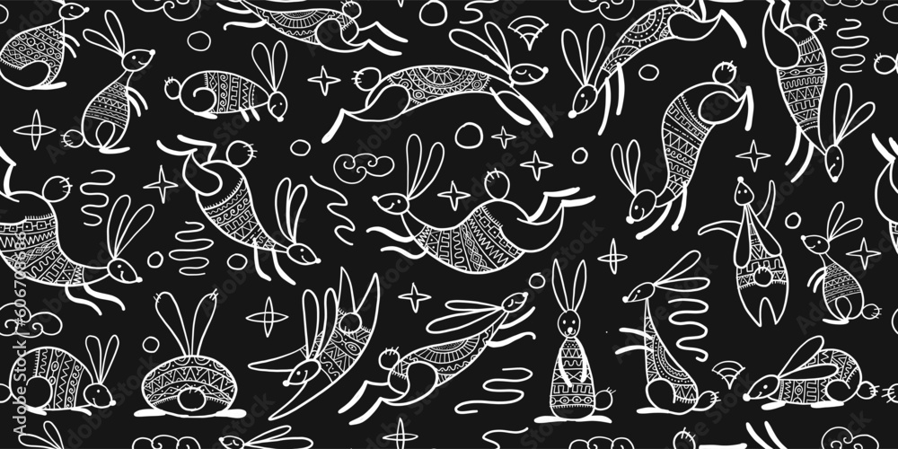 Symbol of chinese new year 2023 rabbit zodiac sign. Funny Bunnies seamless pattern, art background. Vector illustration Symbol of chinese new year 2023 rabbit zodiac sign. Funny Bunnies seamless pattern, art background. Vector illustration