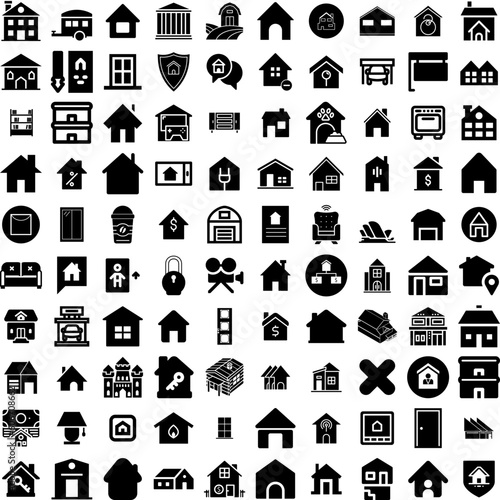 Collection Of 100 House Icons Set Isolated Solid Silhouette Icons Including Architecture, Property, Residential, House, Building, Home, Estate Infographic Elements Vector Illustration Logo
