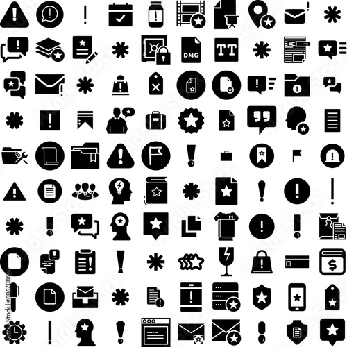 Collection Of 100 Important Icons Set Isolated Solid Silhouette Icons Including Important, Attention, Illustration, Information, Message, Alert, Icon Infographic Elements Vector Illustration Logo