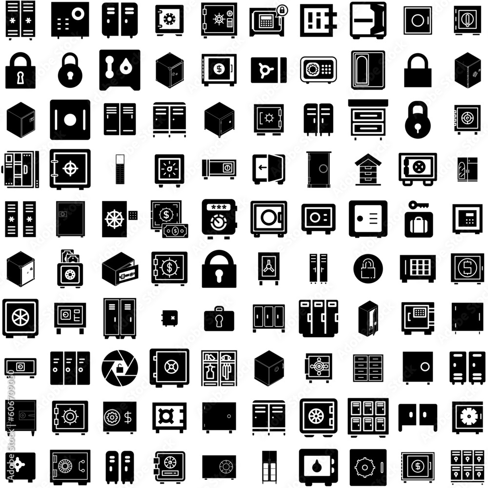 Collection Of 100 Locker Icons Set Isolated Solid Silhouette Icons Including Storage, Locker, School, Gym, Room, Sport, Metal Infographic Elements Vector Illustration Logo