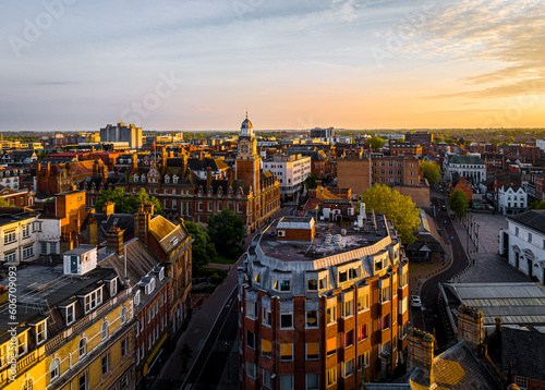 Aerial view of Leicester Town hall in Leicester, a city in England’s East Midlands region photo