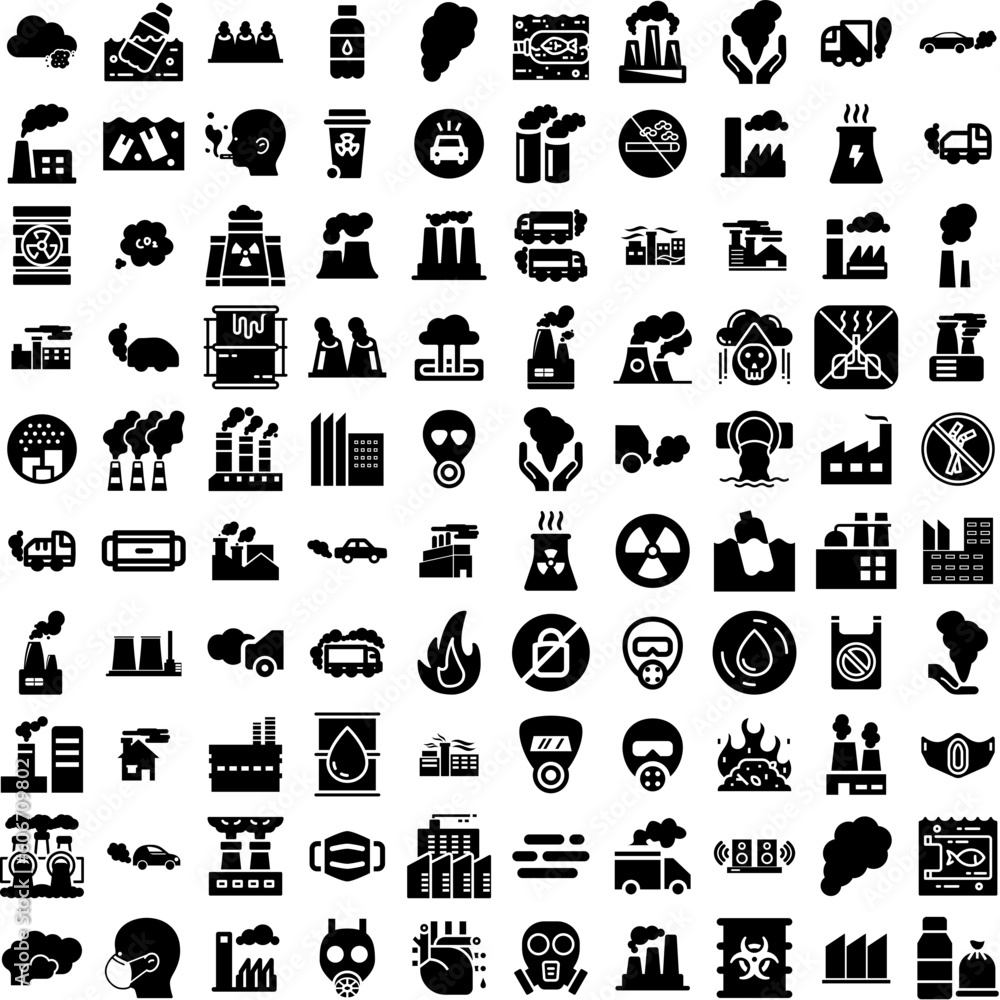 Collection Of 100 Pollution Icons Set Isolated Solid Silhouette Icons Including City, Nature, Air, Ecology, Pollution, Dirty, Environment Infographic Elements Vector Illustration Logo