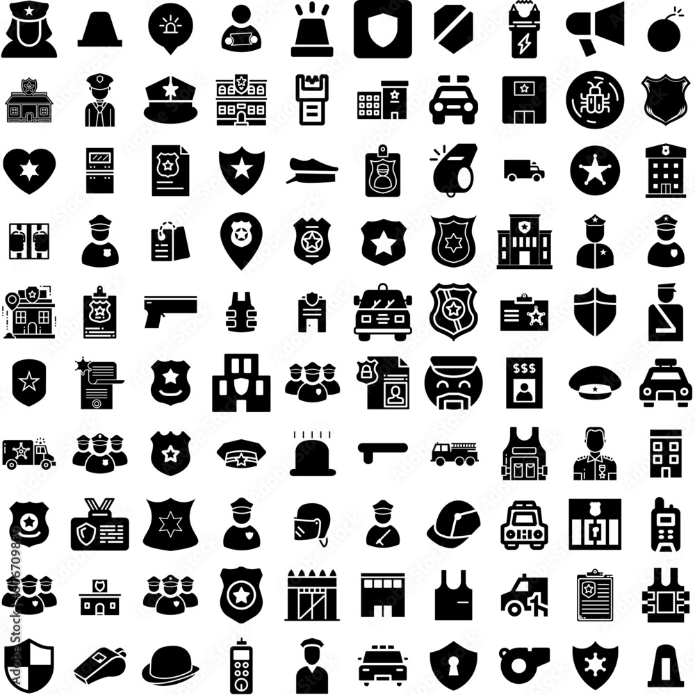 Collection Of 100 Police Icons Set Isolated Solid Silhouette Icons Including Crime, Emergency, Police, Law, Officer, Car, Security Infographic Elements Vector Illustration Logo