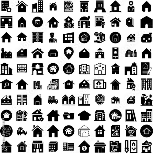 Collection Of 100 Property Icons Set Isolated Solid Silhouette Icons Including Home, Concept, Property, Estate, Mortgage, Business, House Infographic Elements Vector Illustration Logo