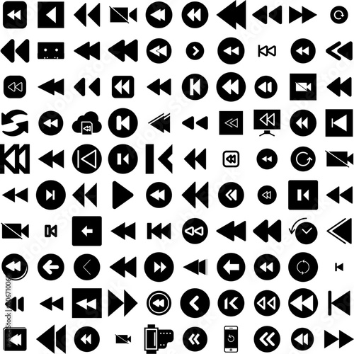 Collection Of 100 Rewind Icons Set Isolated Solid Silhouette Icons Including Video, Digital, Button, Vector, Icon, Illustration, Rewind Infographic Elements Vector Illustration Logo photo