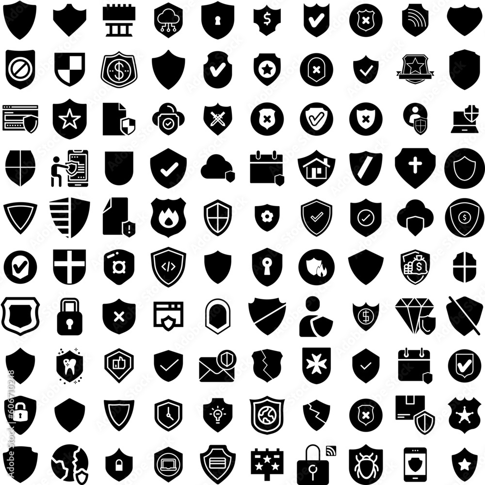 Collection Of 100 Shield Icons Set Isolated Solid Silhouette Icons Including Symbol, Icon, Protection, Design, Protect, Shield, Security Infographic Elements Vector Illustration Logo