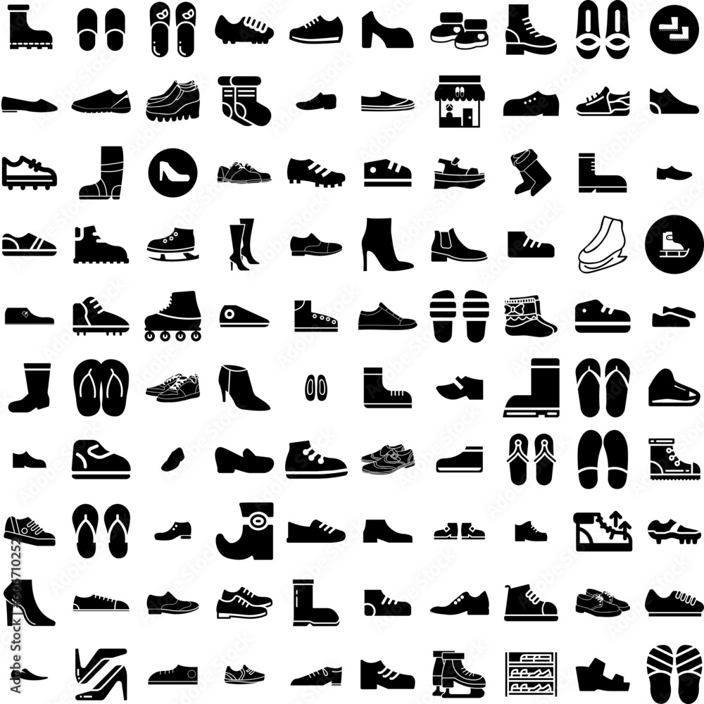 Collection Of 100 Shoes Icons Set Isolated Solid Silhouette Icons Including Fashion, Footwear, Foot, Background, Isolated, Sport, Shoe Infographic Elements Vector Illustration Logo - obrazy, fototapety, plakaty 