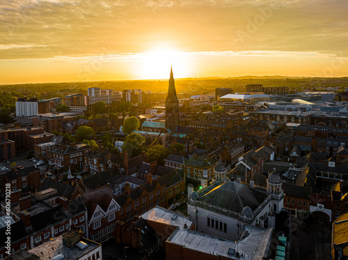 Aerial view of Leicester cathedral in Leicester, a city in England’s East Midlands region photo