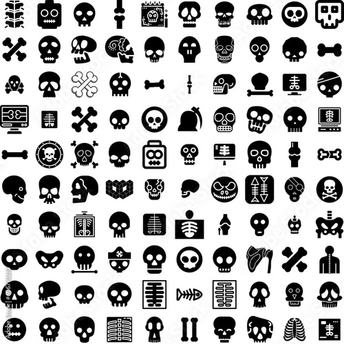 Collection Of 100 Skeleton Icons Set Isolated Solid Silhouette Icons Including Vector, Death, Skeleton, Skull, Halloween, Human, Illustration Infographic Elements Vector Illustration Logo