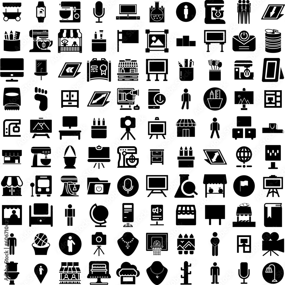 Collection Of 100 Stand Icons Set Isolated Solid Silhouette Icons Including Show, White, Stand, Empty, Stage, 3D, Background Infographic Elements Vector Illustration Logo